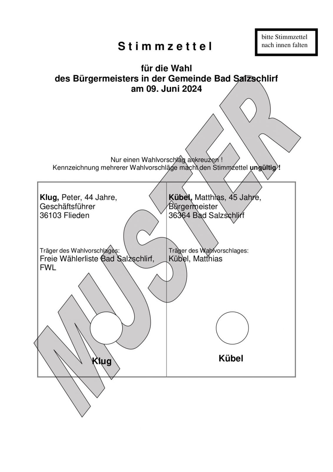 Musterstimmzettel Bürgermeisterwahl 2024